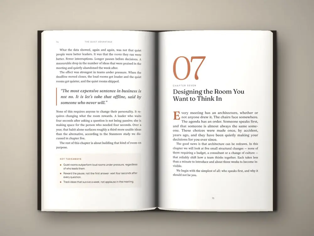 Business book spread with large chapter numeral and key-takeaways box