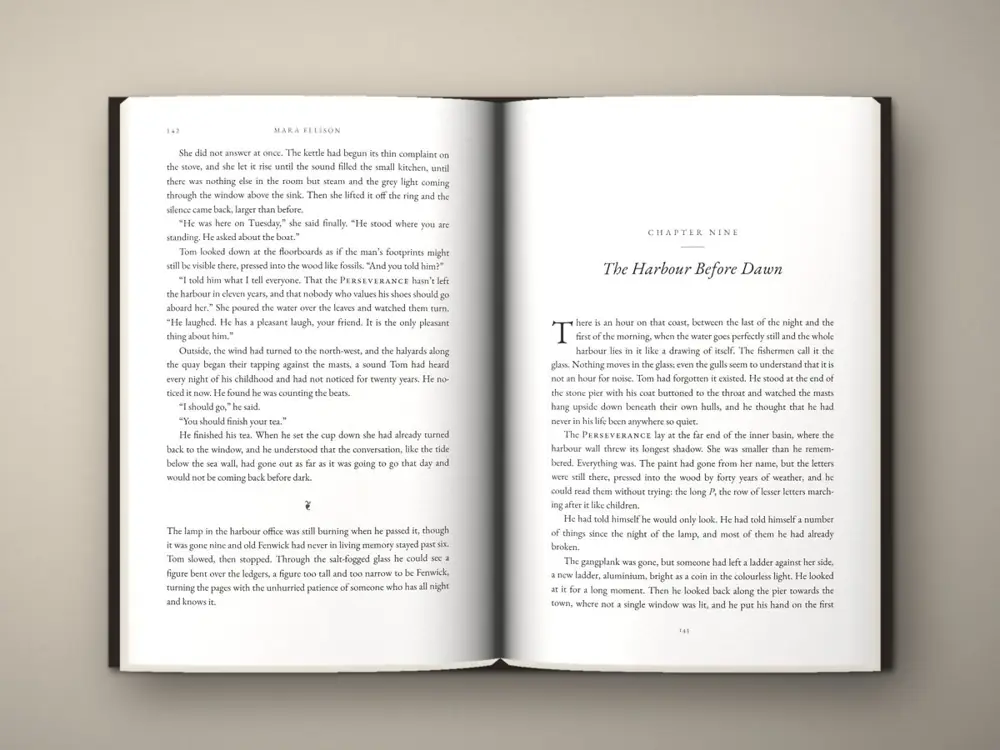 Literary novel spread with centered chapter opener