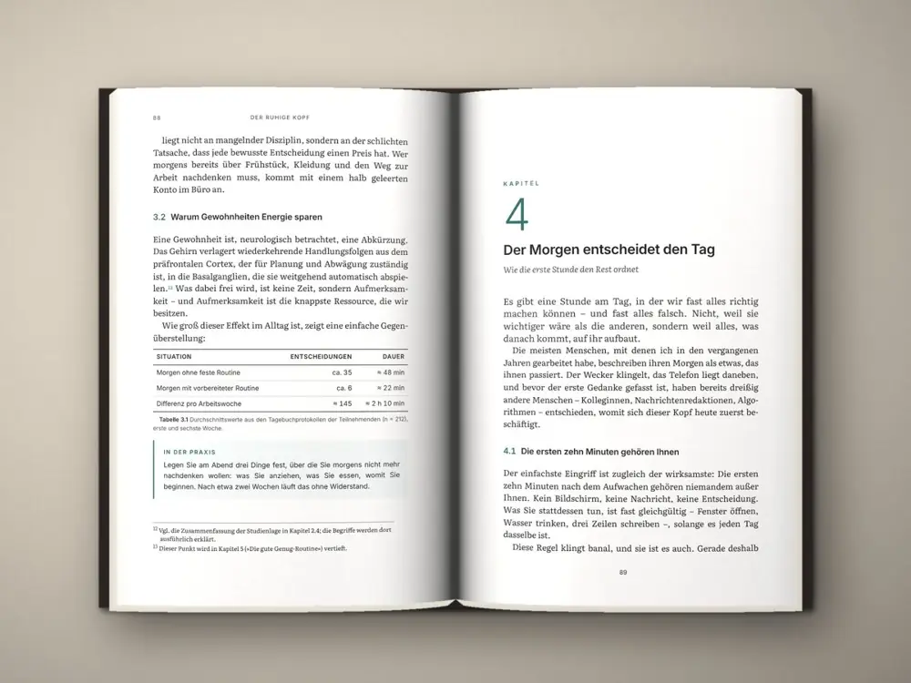German nonfiction spread with numbered sections and a table