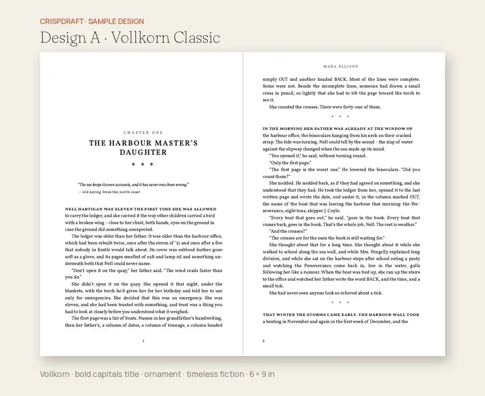 Sample design A, classic: centered capitals title in Vollkorn with ornament