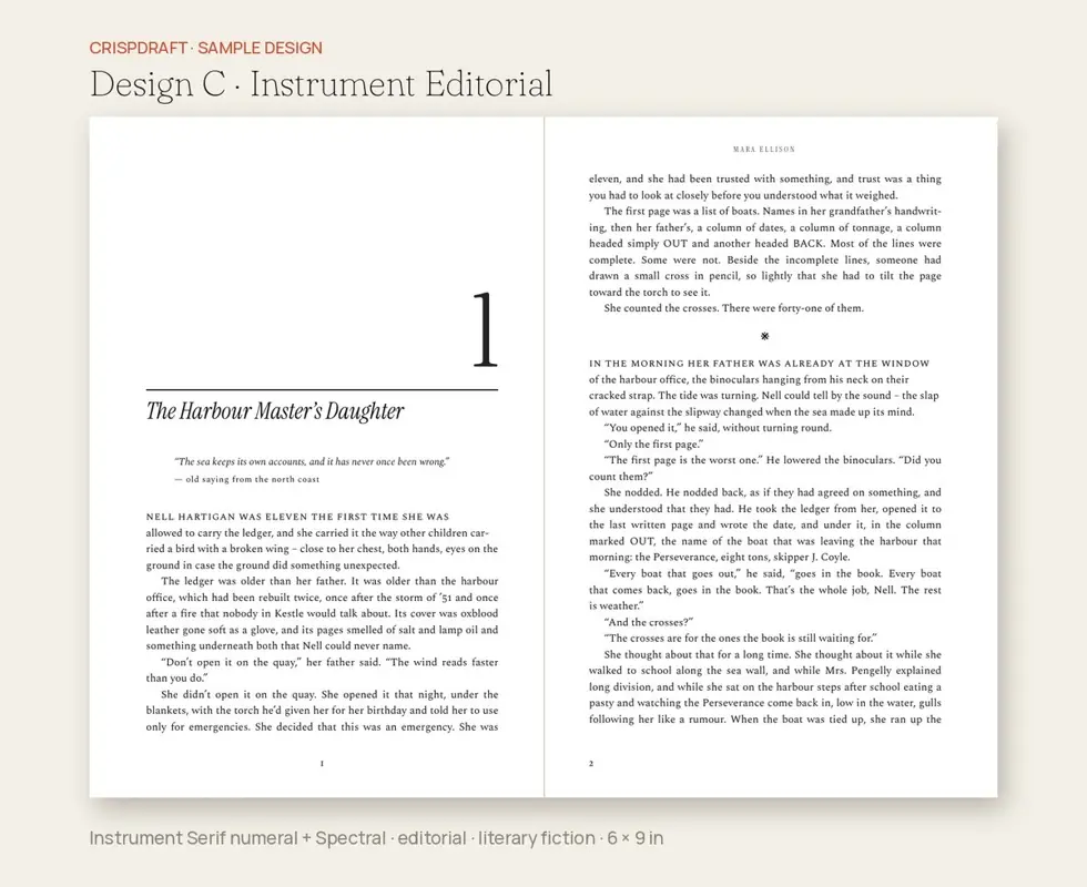 Sample design C, literary: large chapter numeral, rule and italic title in Instrument Serif